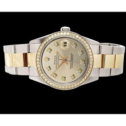 Silberne Diamant-Zifferblatt-Lünette aus Edelstahl und goldene Rolex Datejust-Uhr