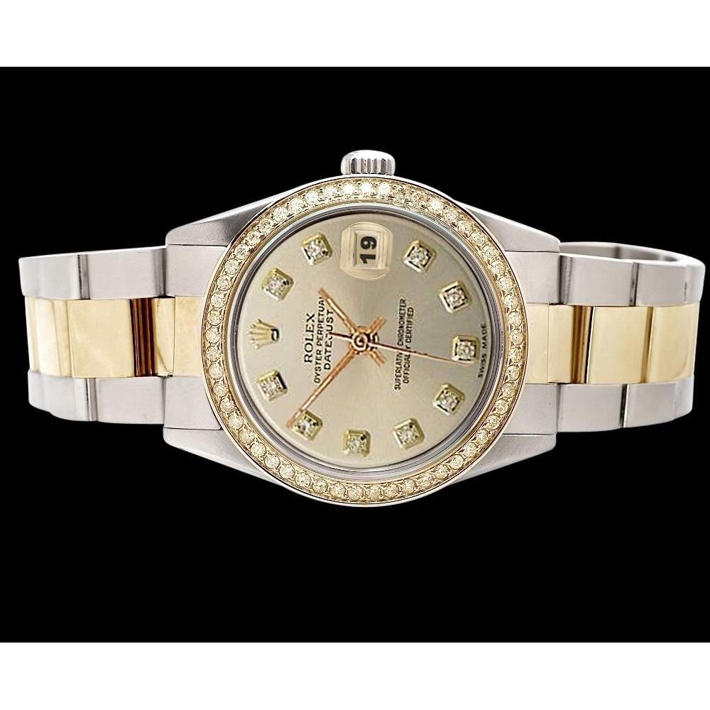 Silberne Diamant-Zifferblatt-Lünette aus Edelstahl und goldene Rolex Datejust-Uhr
