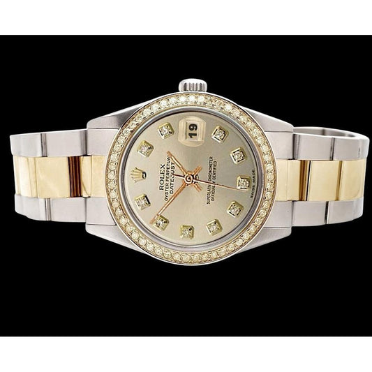 Silberne Diamant-Zifferblatt-Lünette aus Edelstahl und goldene Rolex Datejust-Uhr
