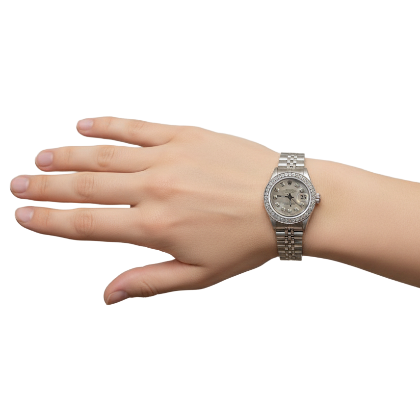 Silberne Rolex Datejust Diamantlünette Uhr Edelstahlarmband P2