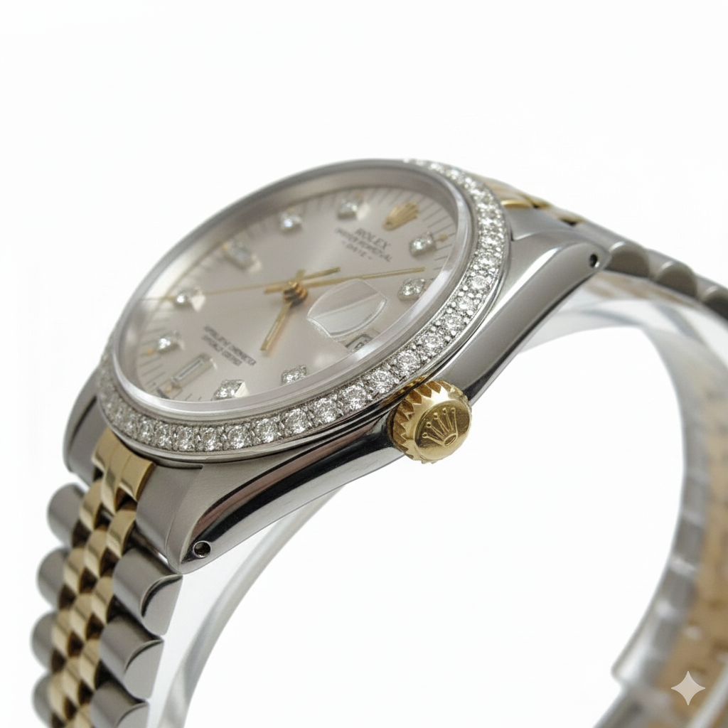 Silbernes Diamant-Zifferblatt mit Lünette, Rolex-Datums-Herrenuhr, Edelstahl-Jubiläumsarmband