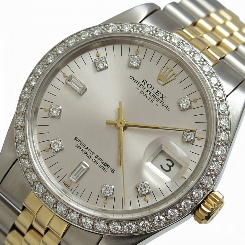 Silbernes Diamant-Zifferblatt mit Lünette, Rolex-Datums-Herrenuhr, Edelstahl-Jubiläumsarmband