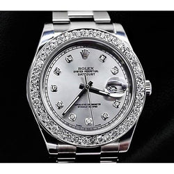 Silbernes Diamantzifferblatt und individuelle Diamantlünette Rolex Datejust Herrenuhr