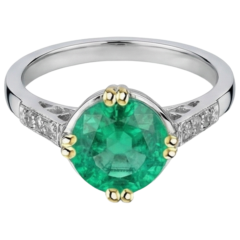 Rund-Brillant Edler Smaragd Ring in 14 Karat Zweifarbig Gold – Schrägansicht