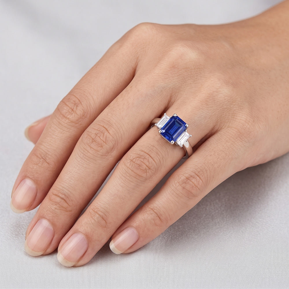 Smaragd 3 Stein Blauer Saphir Ehering 2,50 Karat Goldschmuck