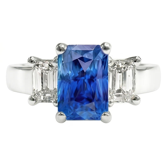 Smaragd 3 Stein Natürlicher Diamant ( nicht im Labor gezüchtet ) Edelstein Ring 3 Karat Hellblauer Saphir