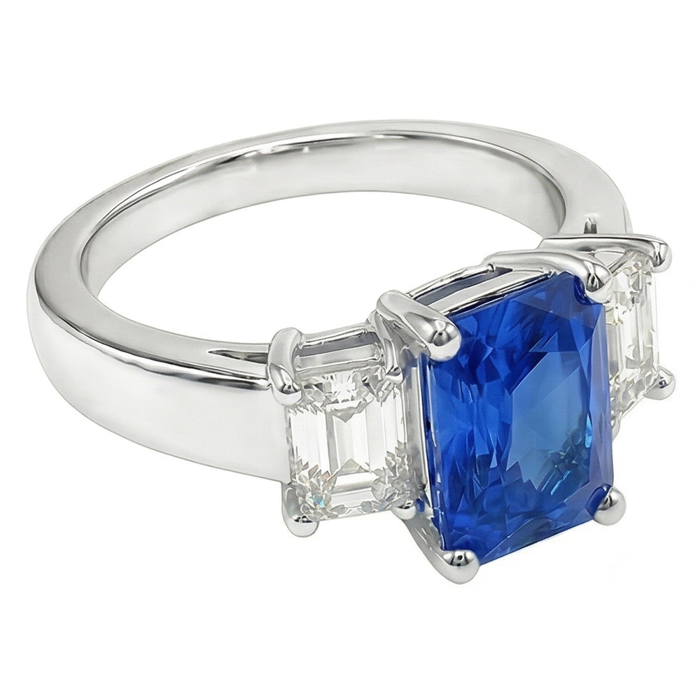 Smaragd 3 Stein Natürlicher Diamant ( nicht im Labor gezüchtet ) Edelstein Ring 3 Karat Hellblauer Saphir