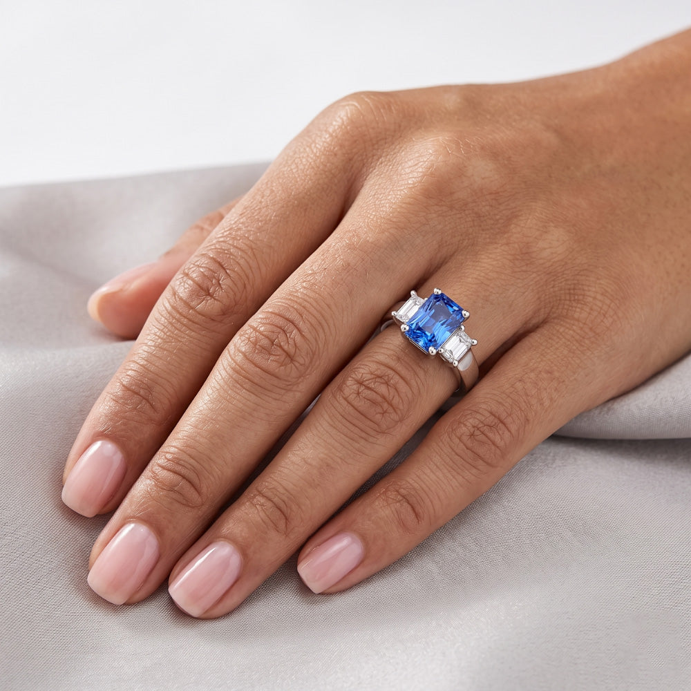 Smaragd 3 Stein Natürlicher Diamant ( nicht im Labor gezüchtet ) Edelstein Ring 3 Karat Hellblauer Saphir