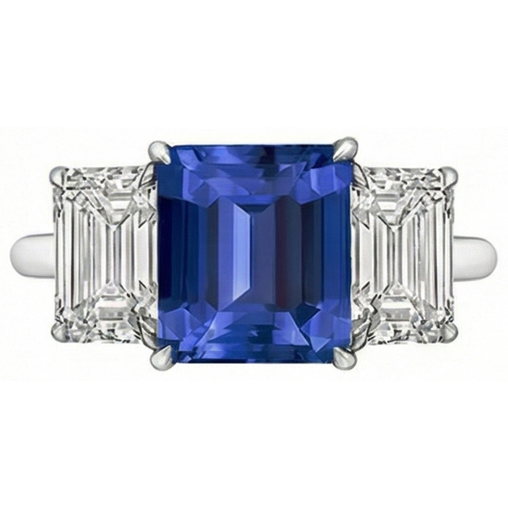 Smaragd Drei Stein Blauer Saphir Ring 3 Karat Goldschmuck