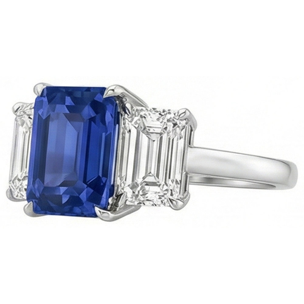 Smaragd Drei Stein Blauer Saphir Ring 3 Karat Goldschmuck