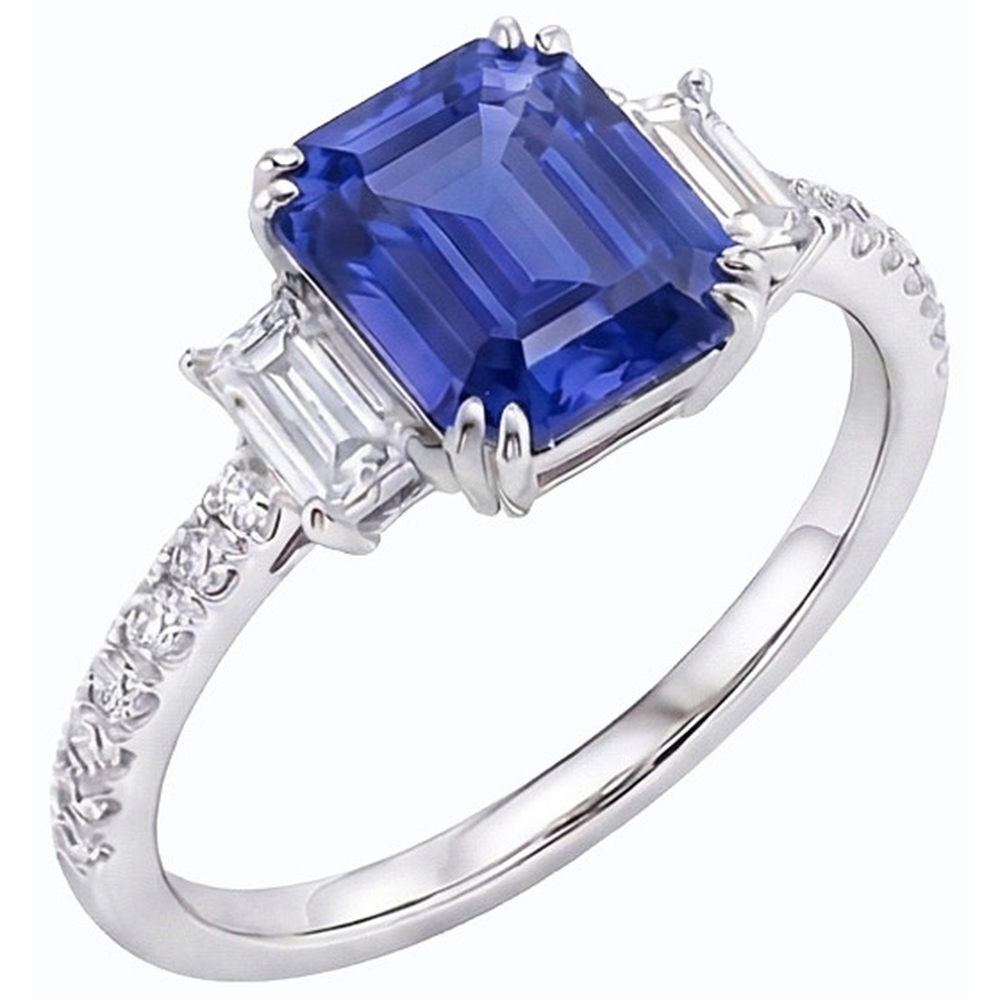 Smaragd Drei Steine Blauer Saphir Ring & Pave Set Natürlicher Diamant ( nicht im Labor gezüchtet )en 3 Karat