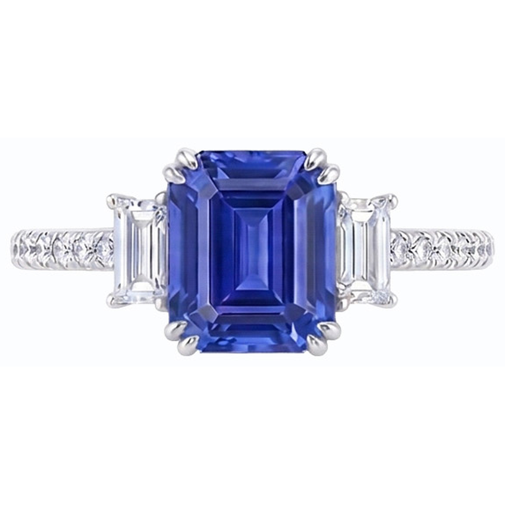 Smaragd Drei Steine Blauer Saphir Ring & Pave Set Natürlicher Diamant ( nicht im Labor gezüchtet )en 3 Karat