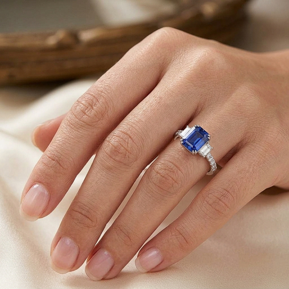 Smaragd Drei Steine Blauer Saphir Ring & Pave Set Natürlicher Diamant ( nicht im Labor gezüchtet )en 3 Karat