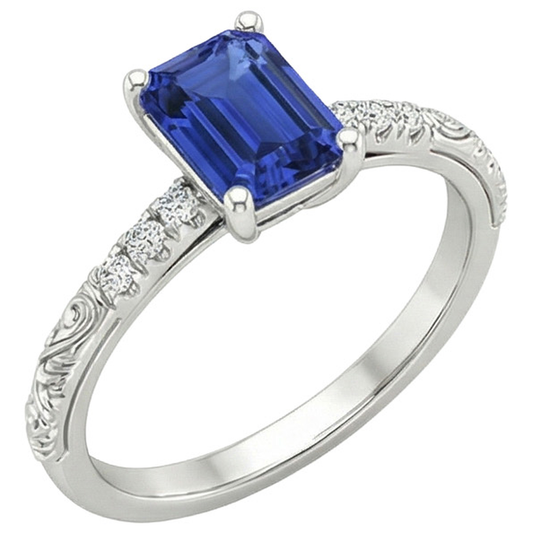 Smaragd-Edelstein mit Akzenten Ring Blauer Saphir & Aus der Erde Abgebauter Natürlicher Diamant 3,50 Karat