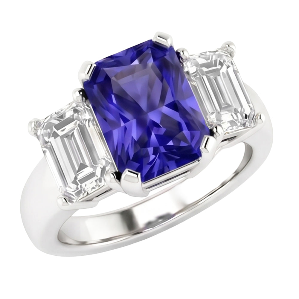 Smaragd Natürlicher Diamant ( nicht im Labor gezüchtet ) 3 Stein Ring 2 Karat Blauer Saphir Radiant Cut Gold