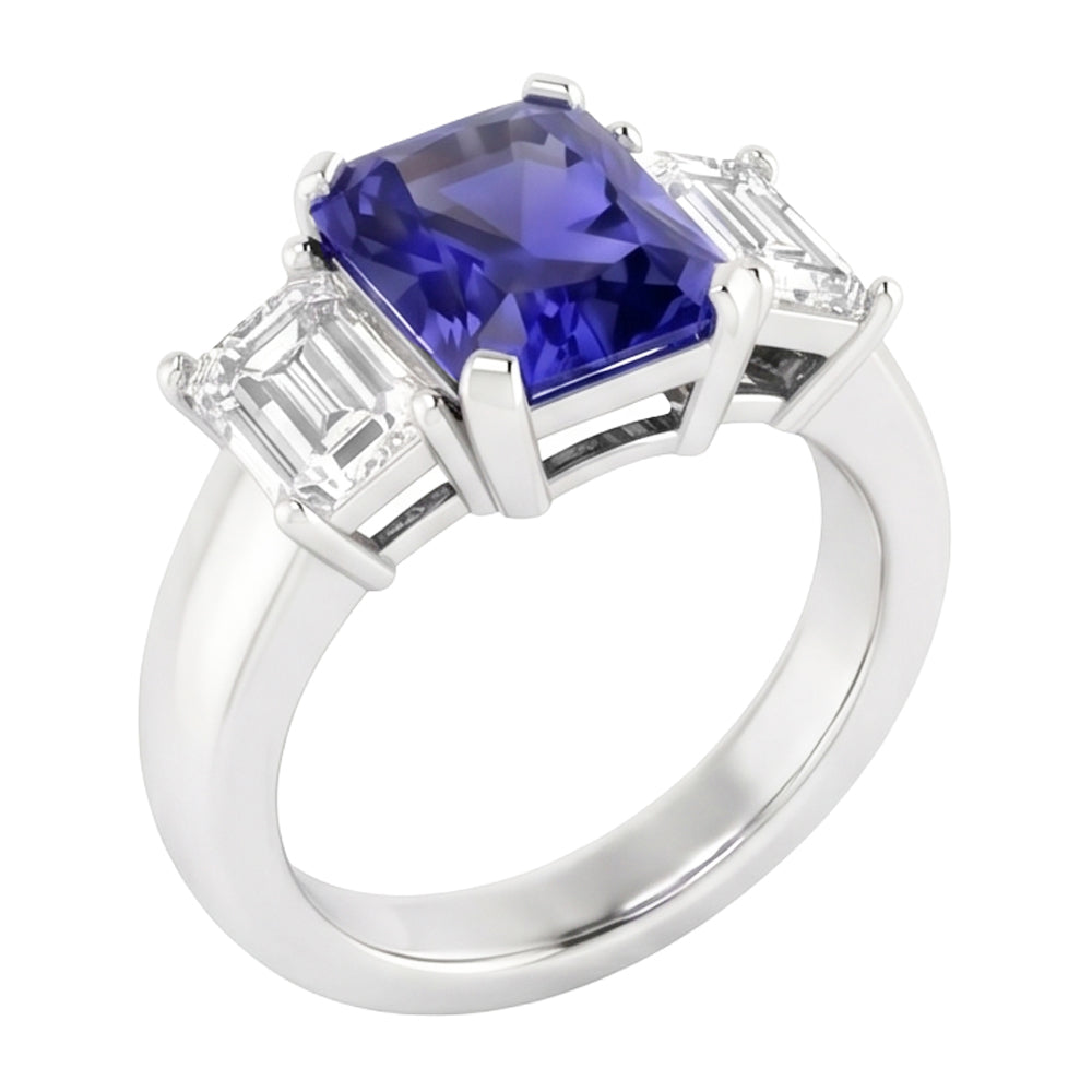 Smaragd Natürlicher Diamant ( nicht im Labor gezüchtet ) 3 Stein Ring 2 Karat Blauer Saphir Radiant Cut Gold