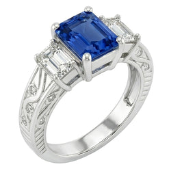 Smaragd-Natürlicher Diamant ( nicht im Labor gezüchtet )-Ring im Vintage-Stil 2 Karat blauer Saphir strahlende Form