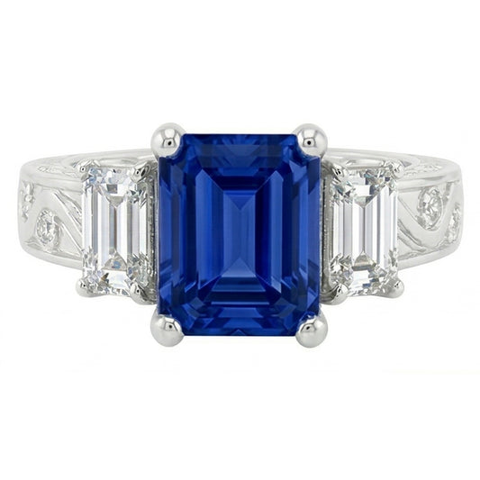 Smaragd-Natürlicher Diamant ( nicht im Labor gezüchtet )-Ring im Vintage-Stil 2 Karat blauer Saphir strahlende Form