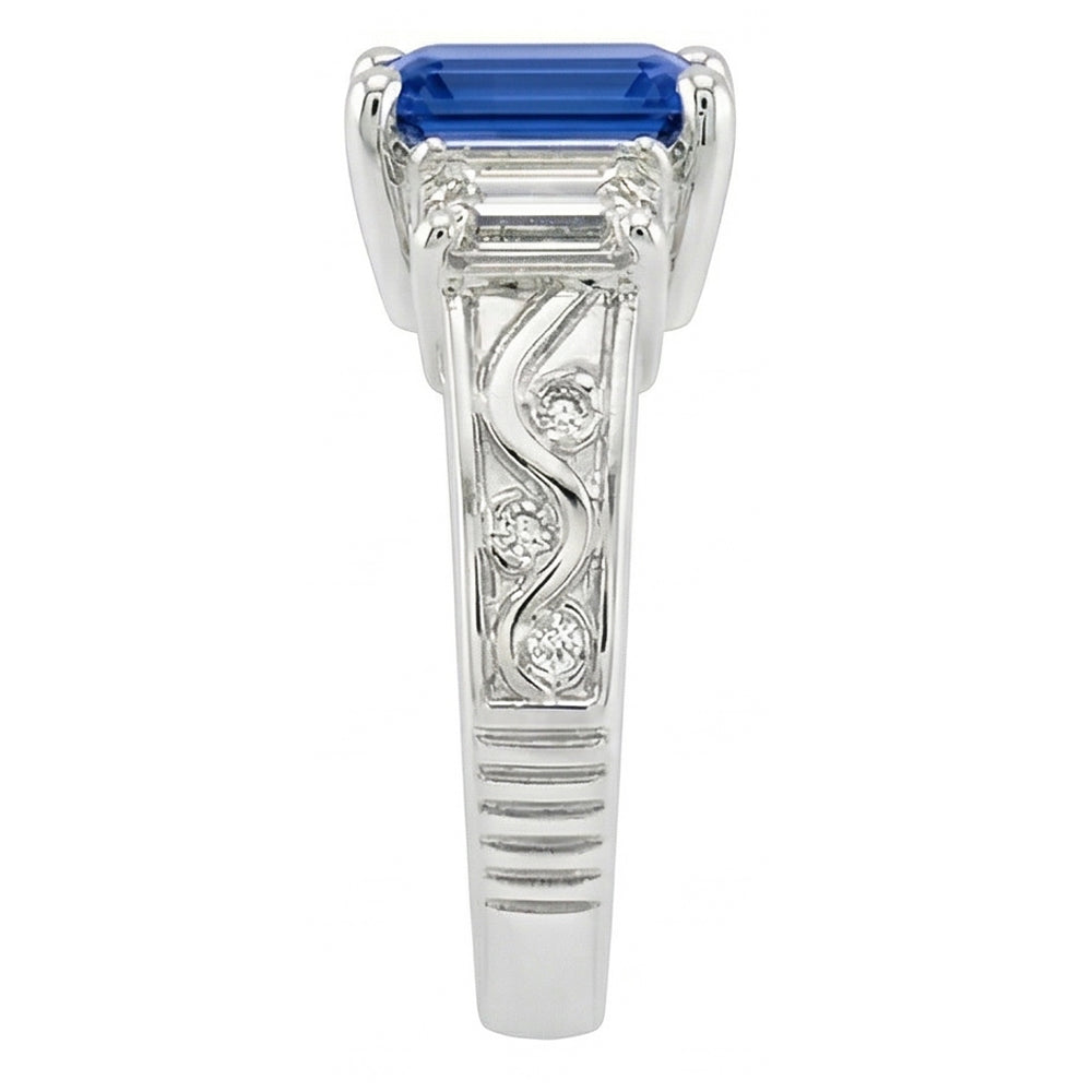 Smaragd-Natürlicher Diamant ( nicht im Labor gezüchtet )-Ring im Vintage-Stil 2 Karat blauer Saphir strahlende Form