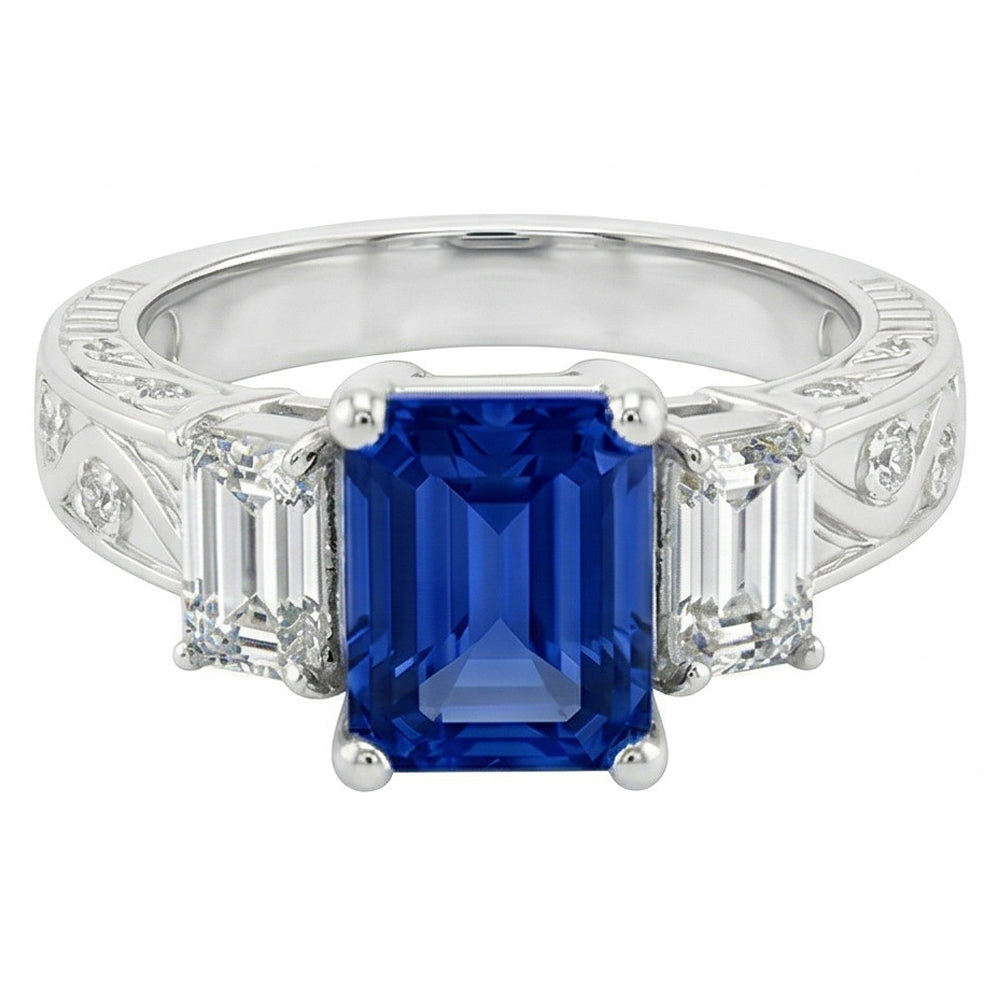 Smaragd-Natürlicher Diamant ( nicht im Labor gezüchtet )-Ring im Vintage-Stil 2 Karat blauer Saphir strahlende Form
