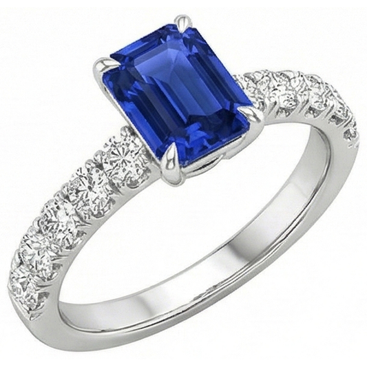 Smaragd Solitaire Akzente Ring Blauer Saphir & Aus der Erde Abgebauter Natürlicher Diamant 4,25 Karat