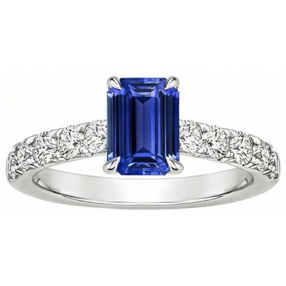 Smaragd Solitaire Akzente Ring Blauer Saphir & Aus der Erde Abgebauter Natürlicher Diamant 4,25 Karat