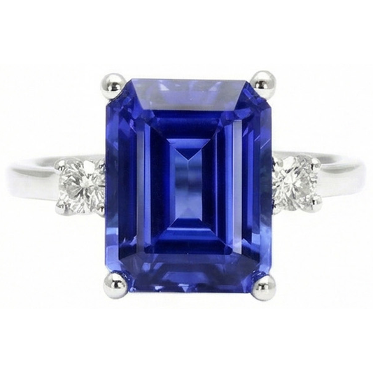 Smaragd & Rundschliff 3 Karat Ceylon Saphir Aus der Erde Abgebauter Natürlicher Diamanten Ring Weißgold 14K