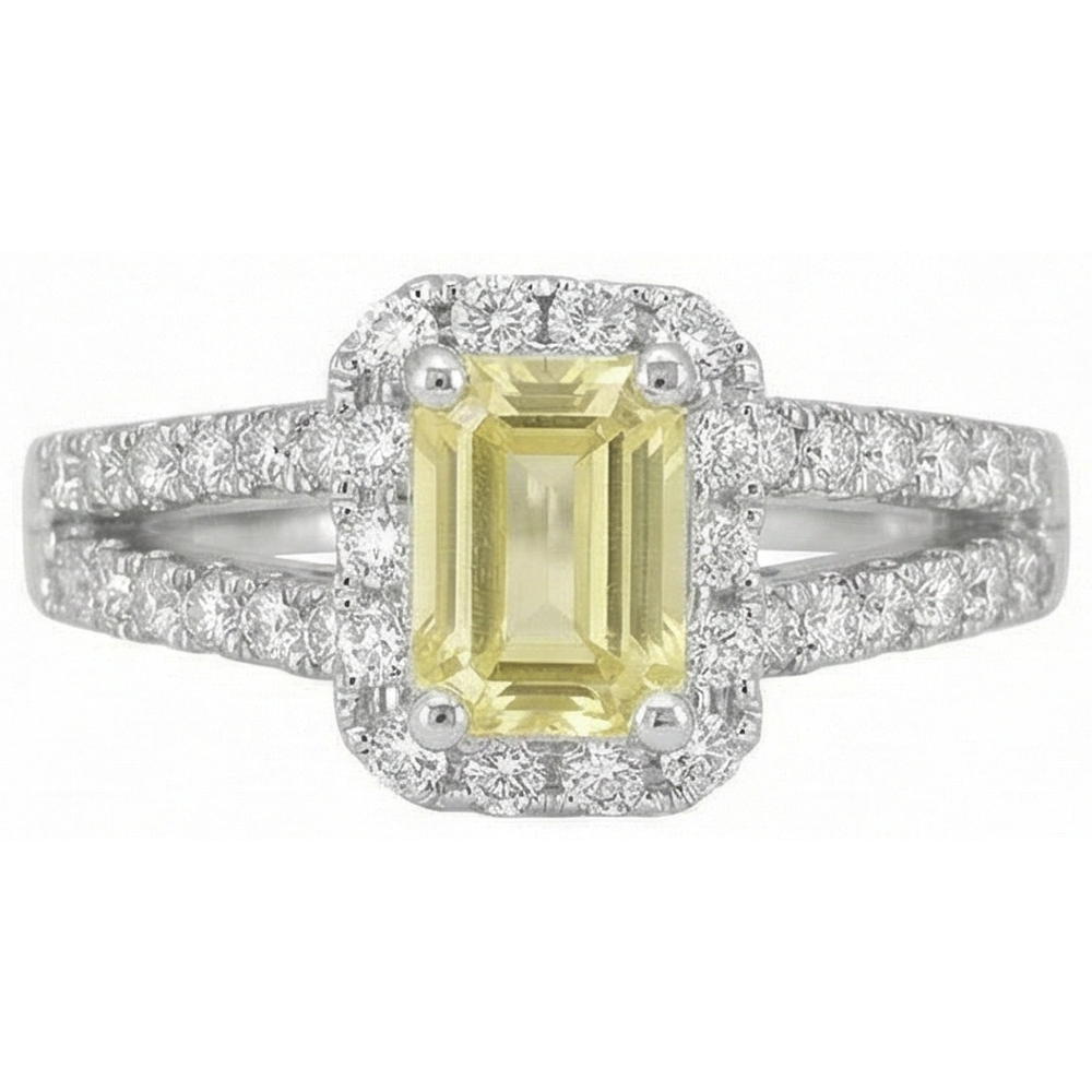 Smaragd & Rundschliff 4 Karat Gelber Saphir Aus der Erde Abgebauter Natürlicher Diamanten Ring Weißgold 14K