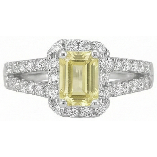 Smaragd & Rundschliff 4 Karat Gelber Saphir Aus der Erde Abgebauter Natürlicher Diamanten Ring Weißgold 14K