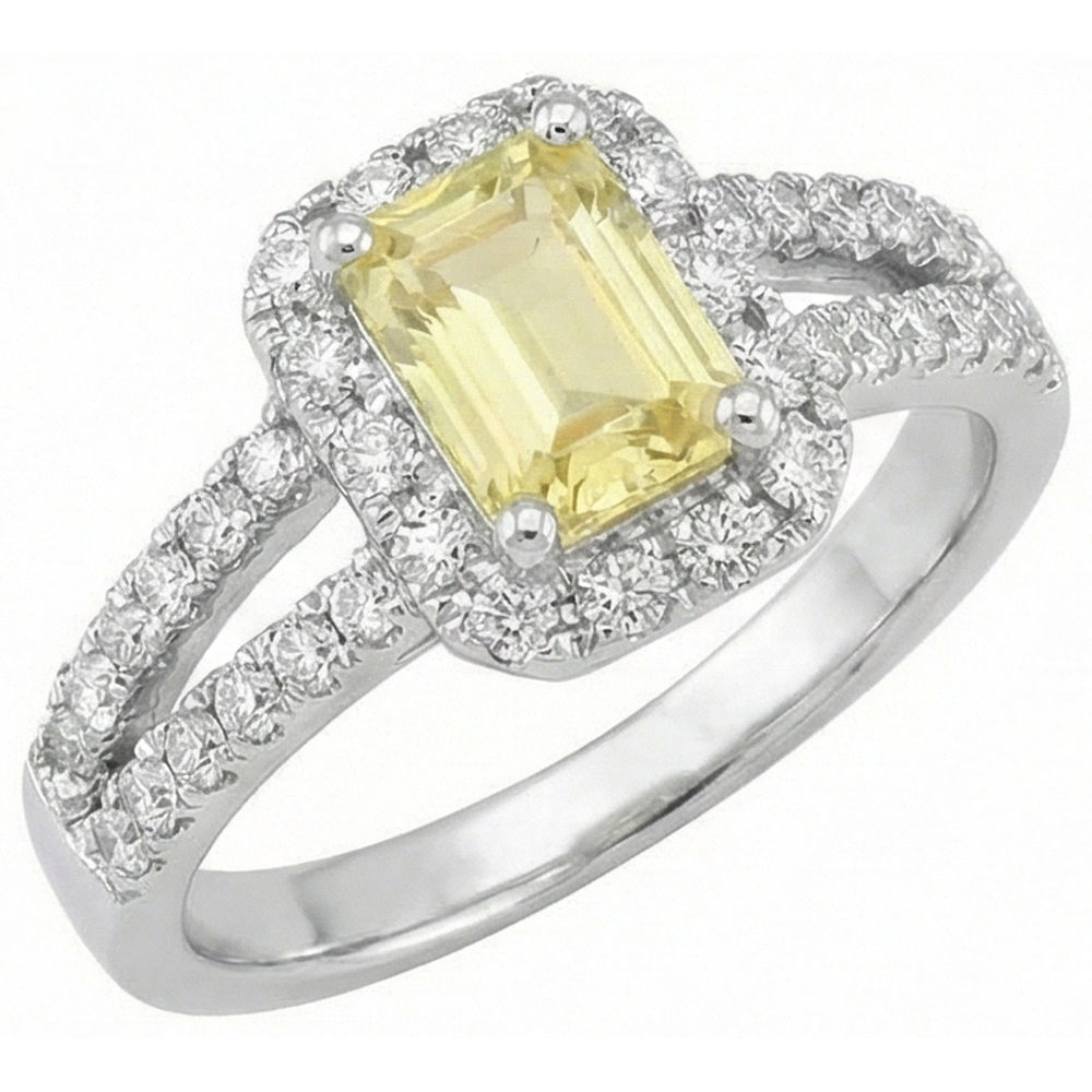 Smaragd & Rundschliff 4 Karat Gelber Saphir Aus der Erde Abgebauter Natürlicher Diamanten Ring Weißgold 14K