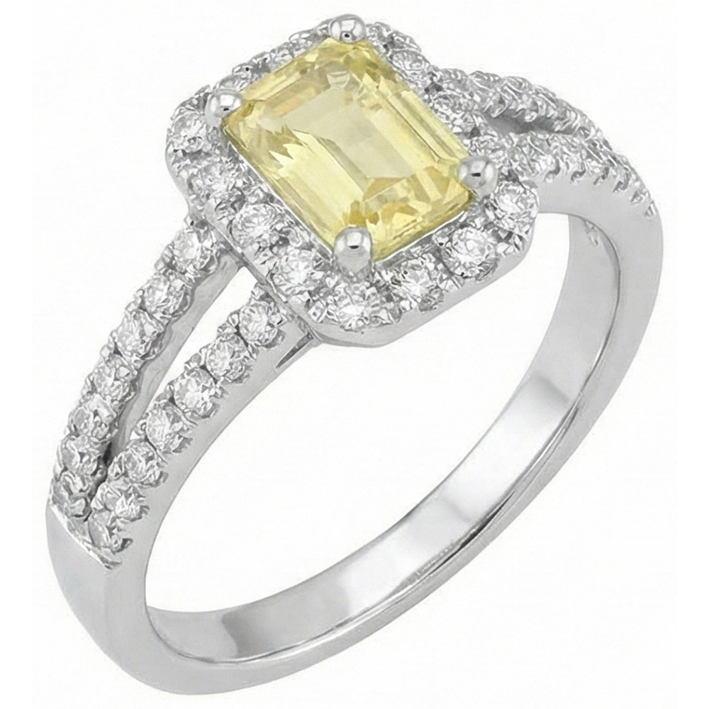 Smaragd & Rundschliff 4 Karat Gelber Saphir Aus der Erde Abgebauter Natürlicher Diamanten Ring Weißgold 14K