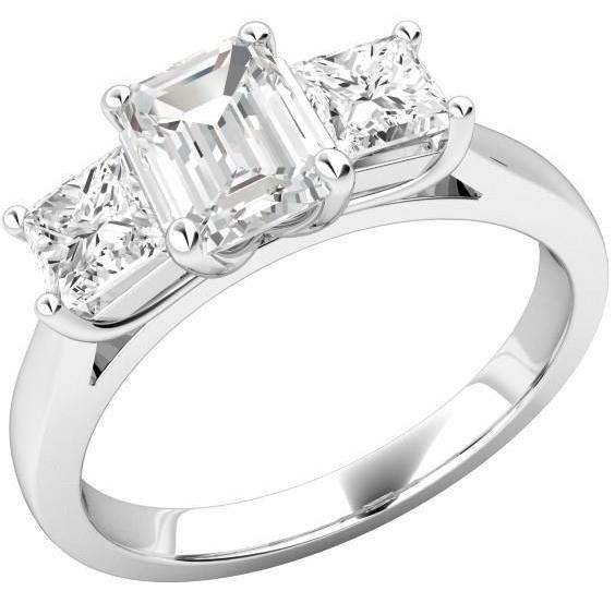 Smaragd und Prinzessin 3 Stein 4,25 ct Echt Diamanten Ring Weißgold 14K