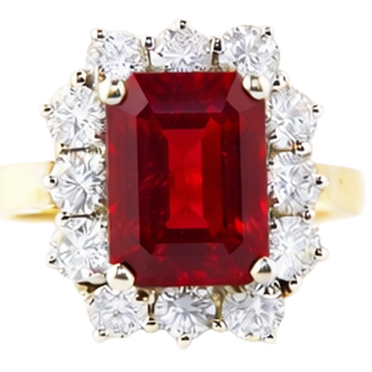 Smaragdförmiger roter Rubin mit runden Aus der Erde Abgebauter Natürlicher Diamanten Ring 7,45 Karat Gold