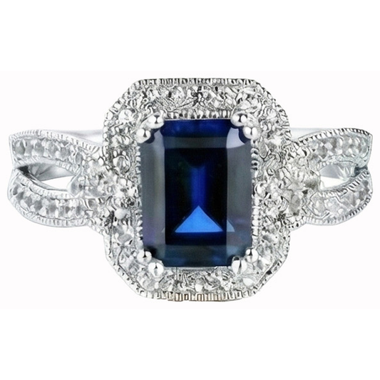 Smaragdschliff Sri Lanka Saphir-Aus der Erde Abgebauter Natürlicher Diamant-Ring Weißgold 14K 3.5 ct.