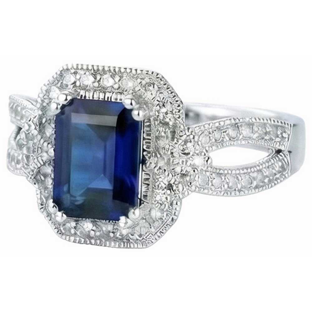 Smaragdschliff Sri Lanka Saphir-Aus der Erde Abgebauter Natürlicher Diamant-Ring Weißgold 14K 3.5 ct.