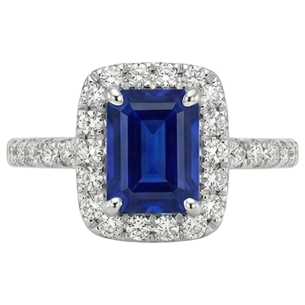Smaragdschliff Sri Lanka Saphir Aus der Erde Abgebauter Natürlicher Diamanten Ring 3 Karat Weißgold 14K