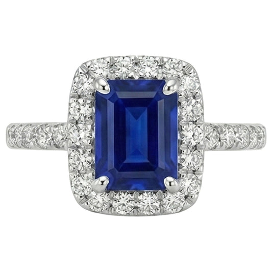 Smaragdschliff Sri Lanka Saphir Aus der Erde Abgebauter Natürlicher Diamanten Ring 3 Karat Weißgold 14K