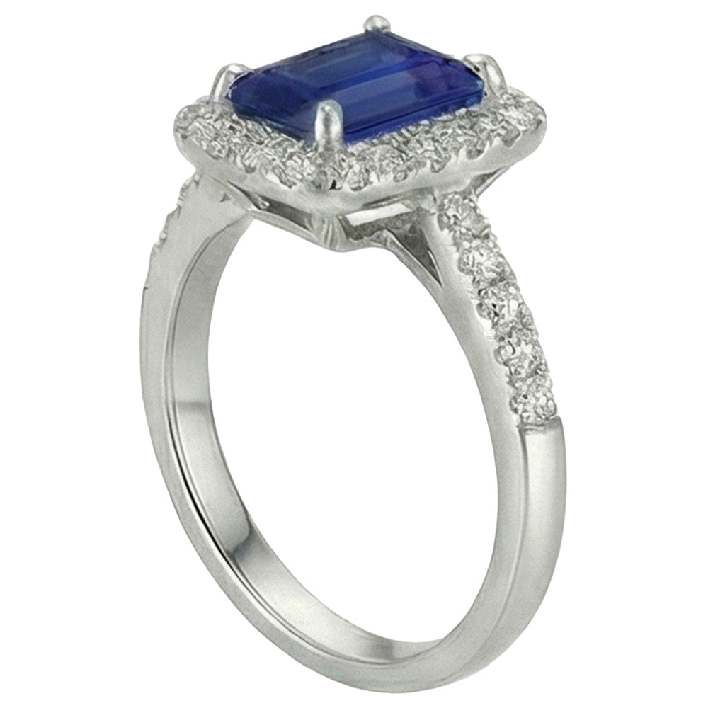 Smaragdschliff Sri Lanka Saphir Aus der Erde Abgebauter Natürlicher Diamanten Ring 3 Karat Weißgold 14K