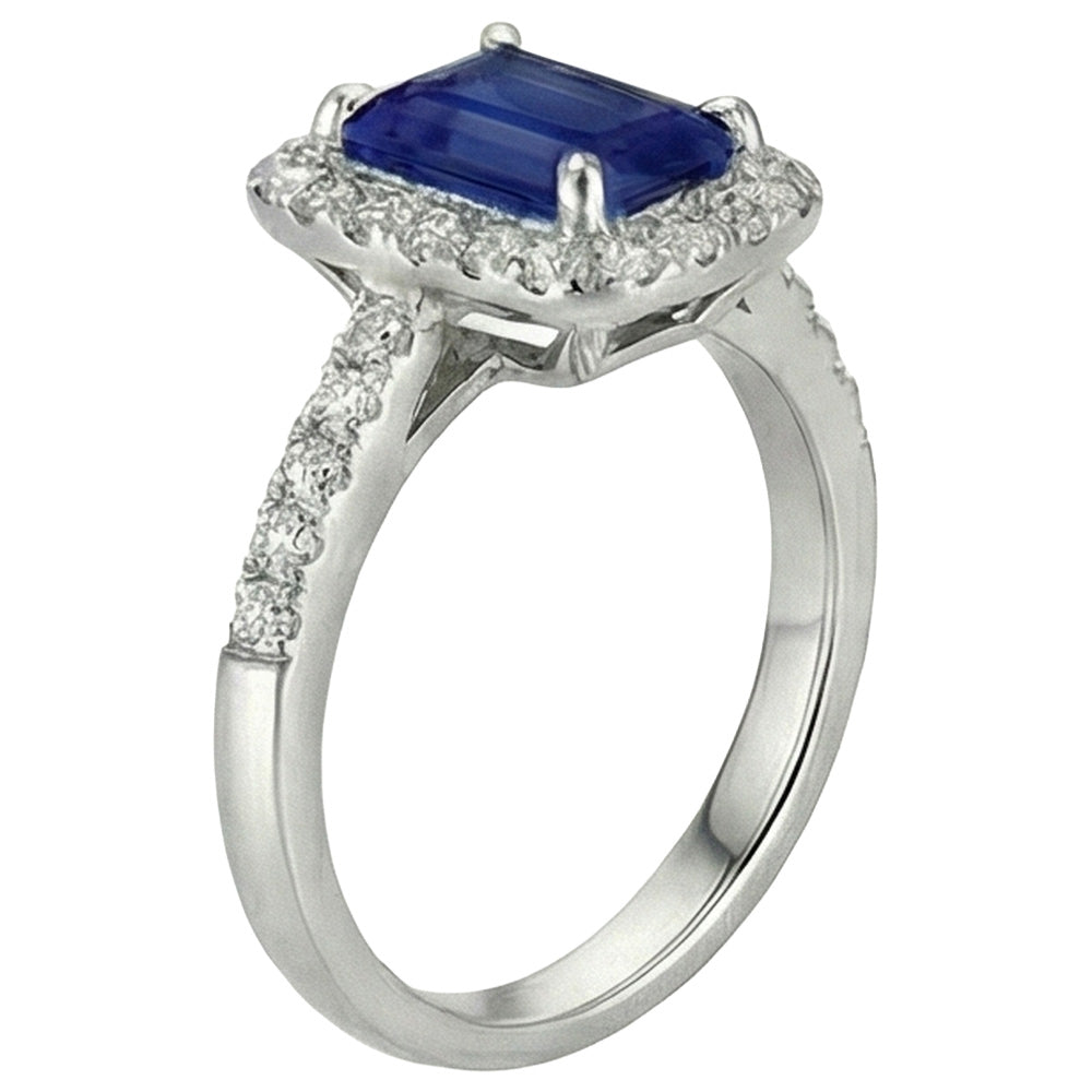 Smaragdschliff Sri Lanka Saphir Aus der Erde Abgebauter Natürlicher Diamanten Ring 3 Karat Weißgold 14K