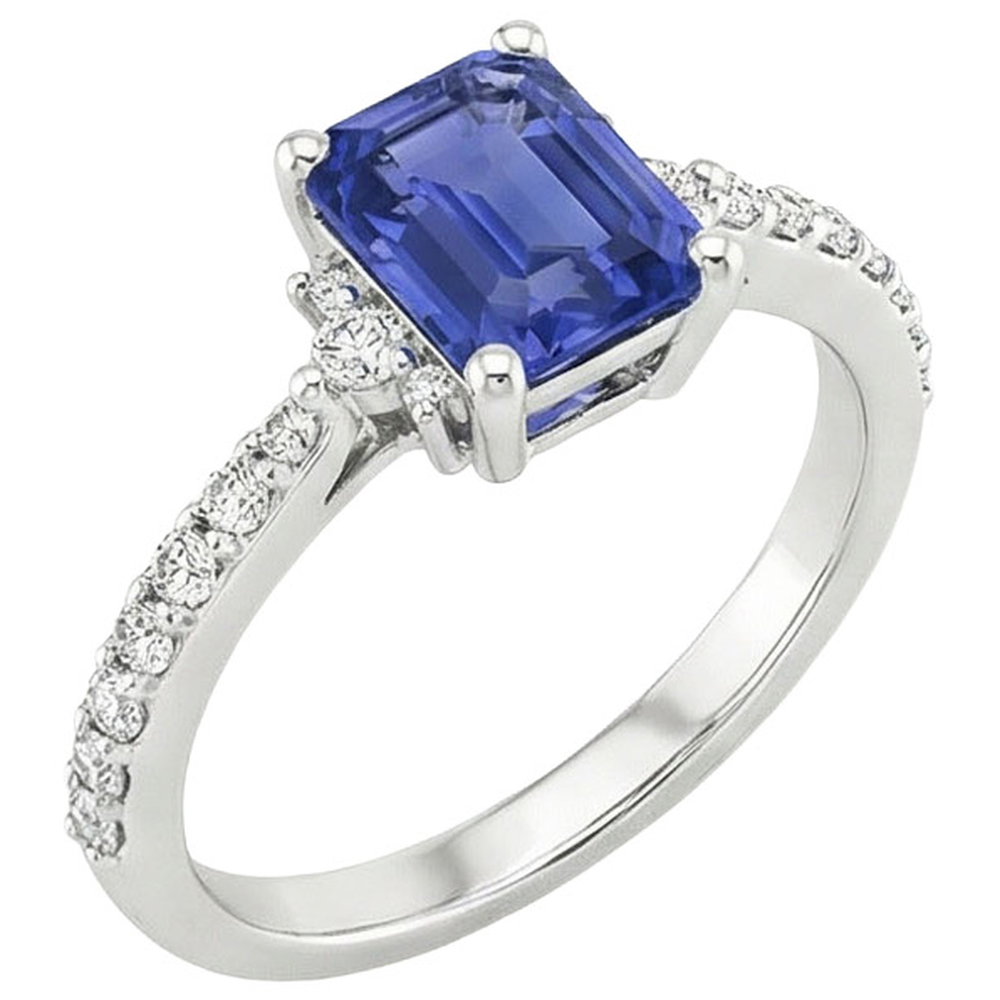 Solitaire Akzente Ring Blauer Saphir & Aus der Erde Abgebauter Natürlicher Diamant 4 Karat Smaragdschliff