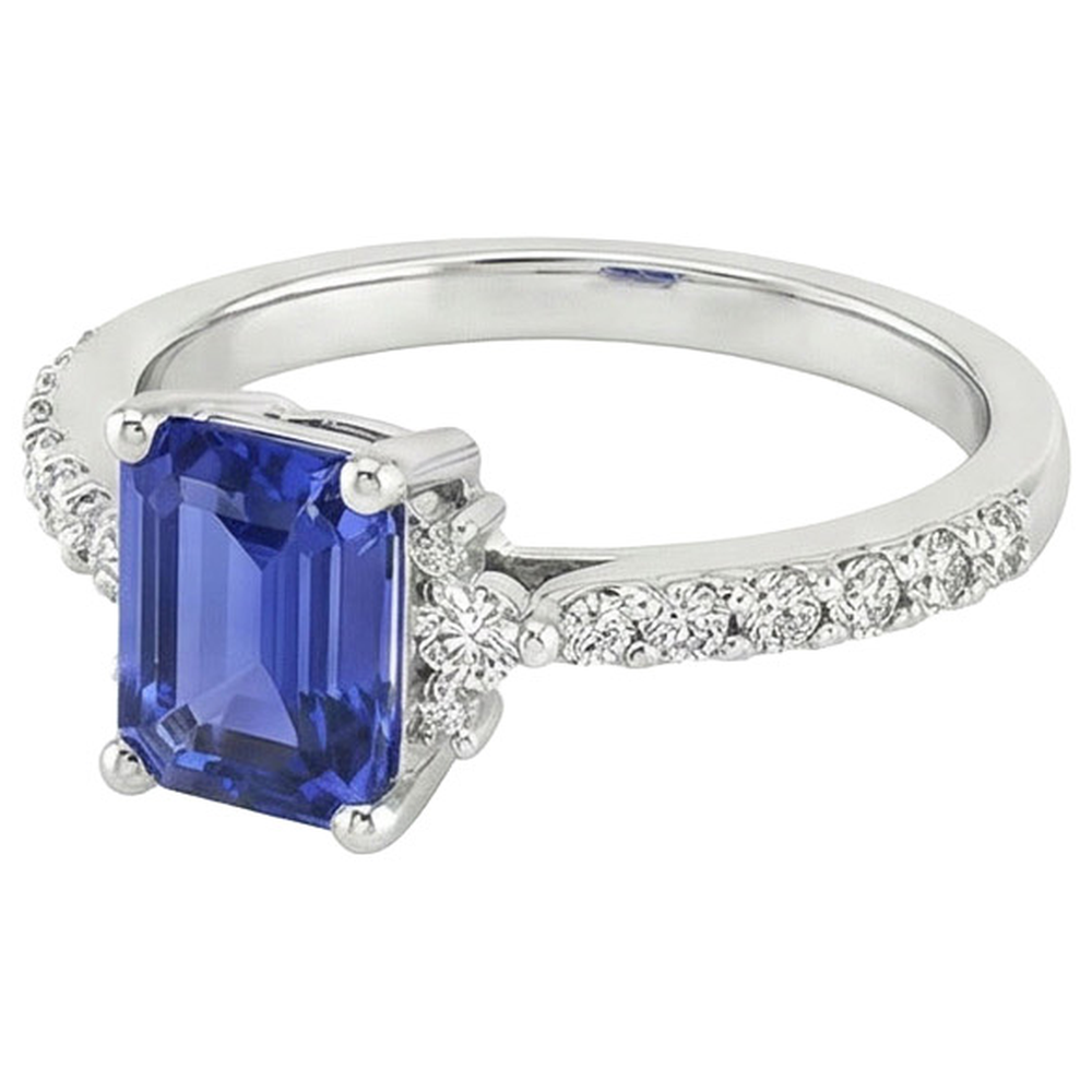 Solitaire Akzente Ring Blauer Saphir & Aus der Erde Abgebauter Natürlicher Diamant 4 Karat Smaragdschliff