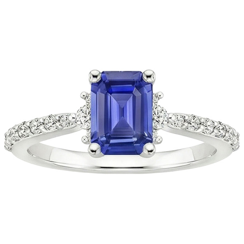 Solitaire Akzente Ring Blauer Saphir & Aus der Erde Abgebauter Natürlicher Diamant 4 Karat Smaragdschliff