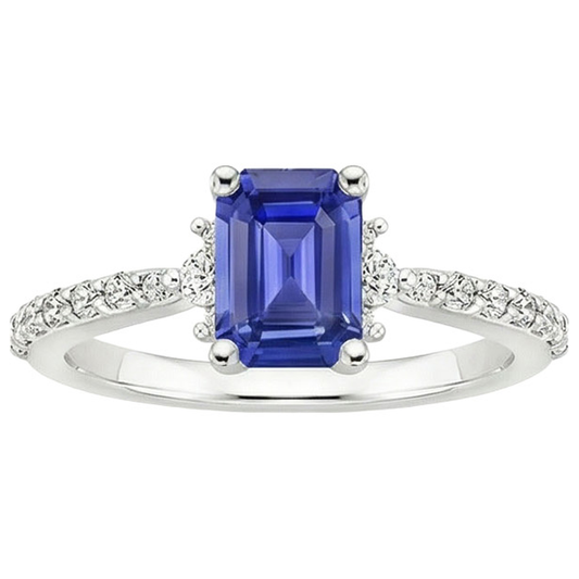 Solitaire Akzente Ring Blauer Saphir & Aus der Erde Abgebauter Natürlicher Diamant 4 Karat Smaragdschliff