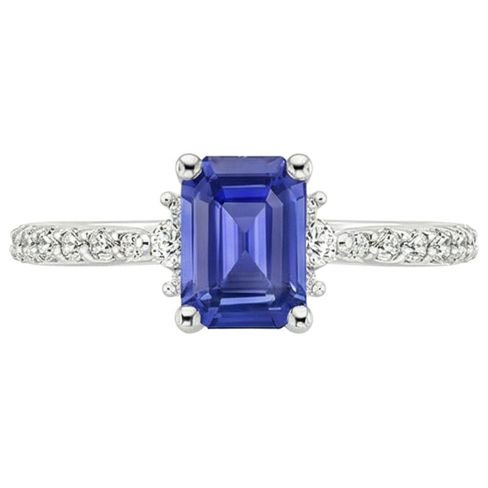 Solitaire Akzente Ring Blauer Saphir & Aus der Erde Abgebauter Natürlicher Diamant 4 Karat Smaragdschliff