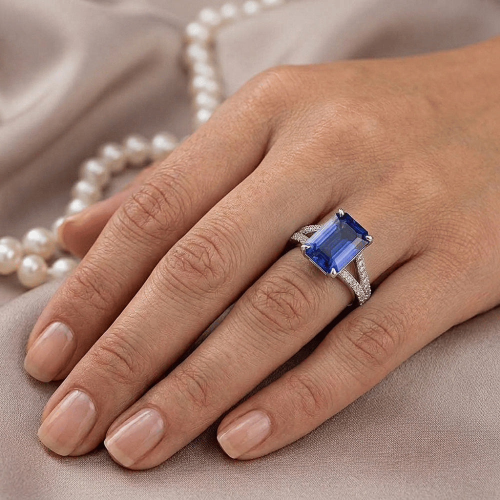 Solitaire Akzente Ring Weißgold Blauer Saphir & Aus der Erde Abgebauter Natürlicher Diamant 4 Karat