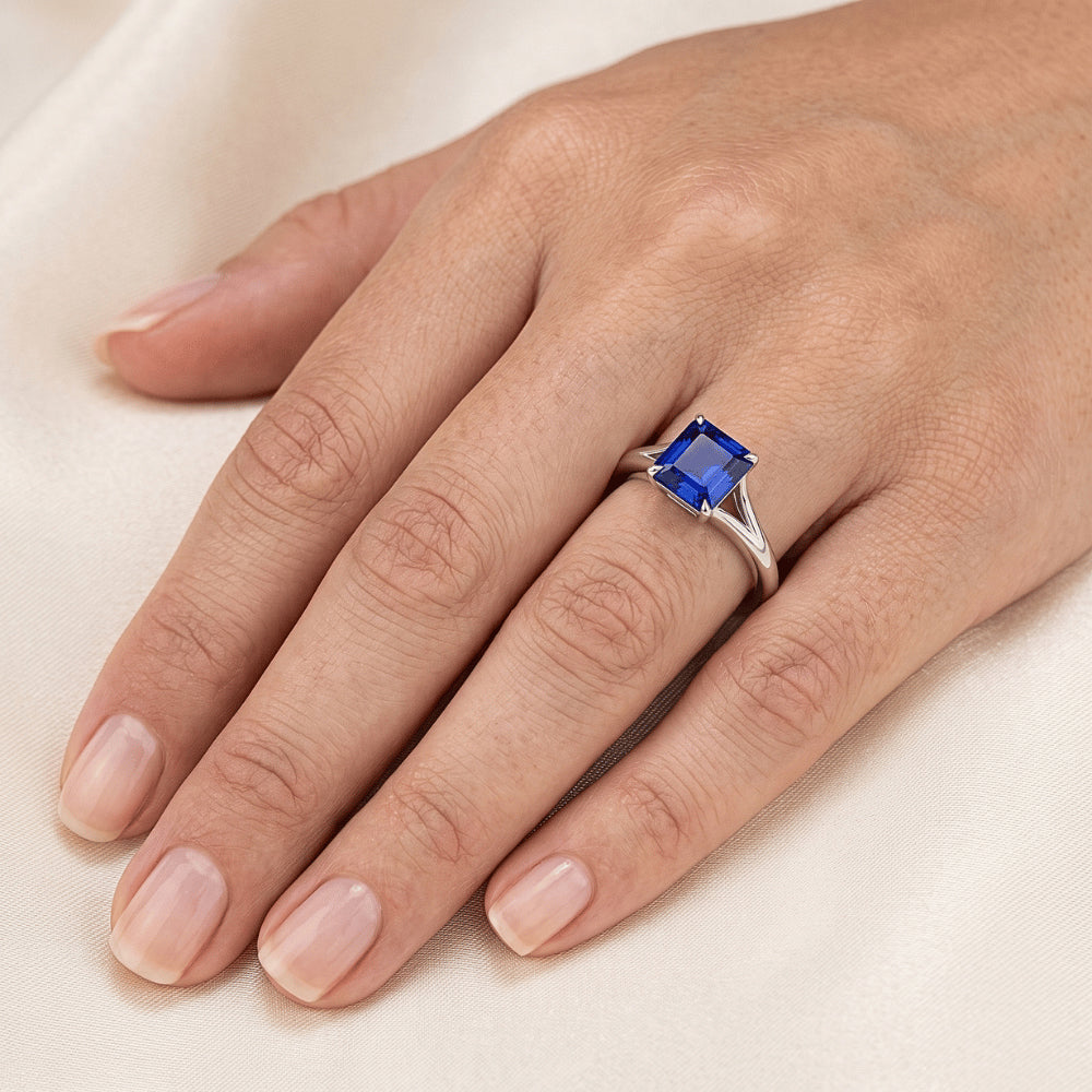 Solitaire Asscher Cut Ring Prong Split Shank Blauer Saphir 1,50 Karat