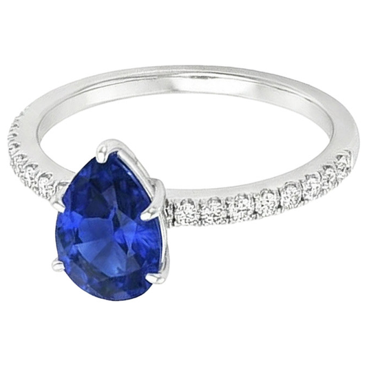 Solitaire Birne Ceylon Saphir Ring mit Akzenten Pave Set 3,75 Karat