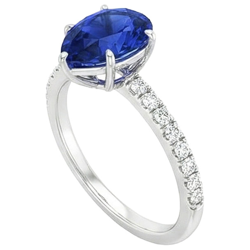 Solitaire Birne Ceylon Saphir Ring mit Akzenten Pave Set 3,75 Karat