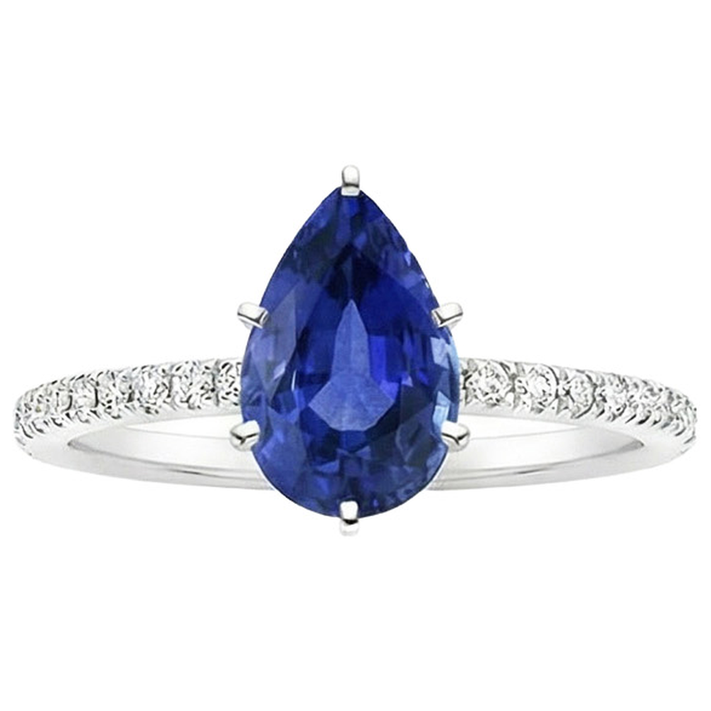 Solitaire Birne Ceylon Saphir Ring mit Akzenten Pave Set 3,75 Karat