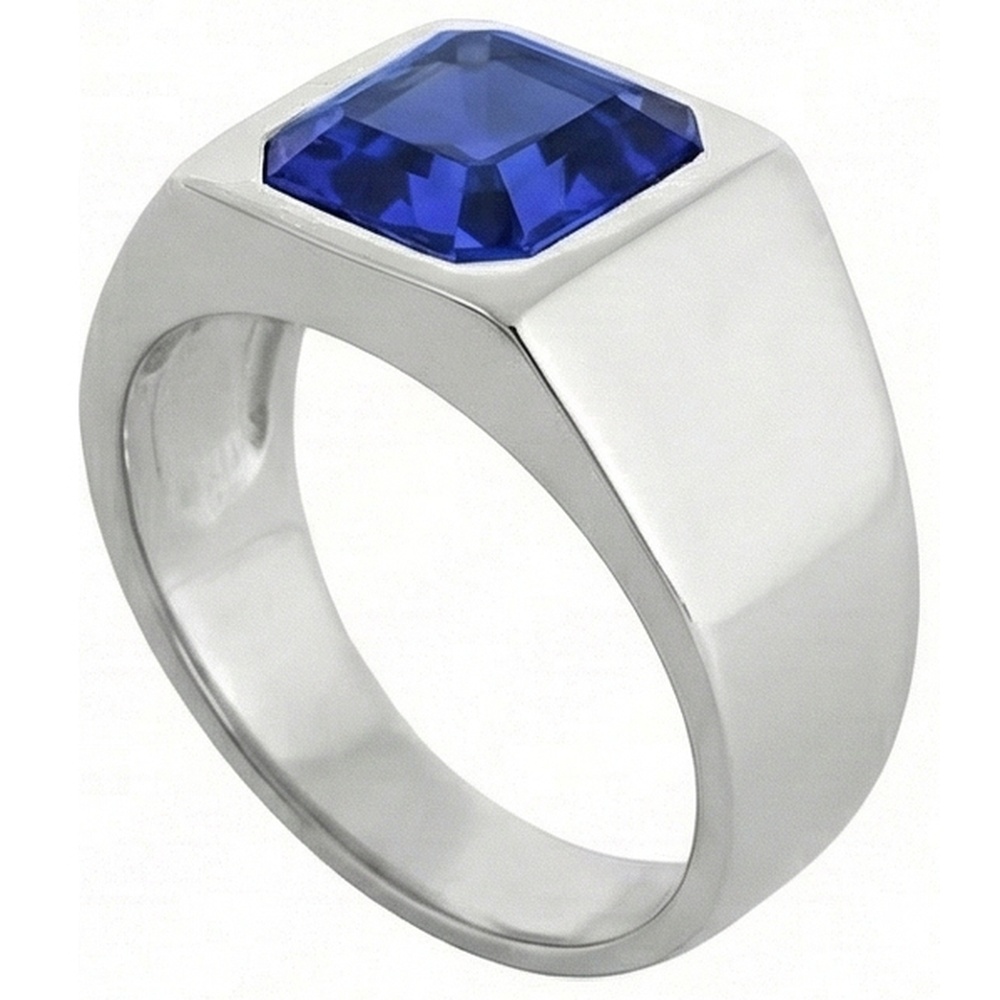 Solitaire Herrenring 1,50 Karat Flush Set Blauer Saphir Asscher Cut